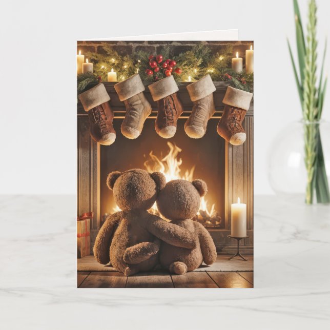 Christmas Teddy Bears By a Fireplace Card (Front)