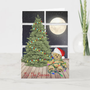 Christmas Teddy Bears In Holiday Lights and Moon Card