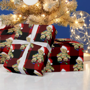 Christmas Teddy Bears On Buffalo Plaid Wrapping Paper
