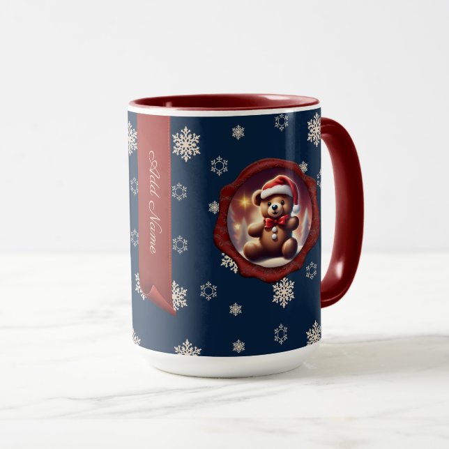 Christmas Teddy Cookie Personalised Banner Blue Mug (Front Right)