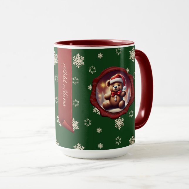 Christmas Teddy Cookie Personalised Banner Green Mug (Front Right)
