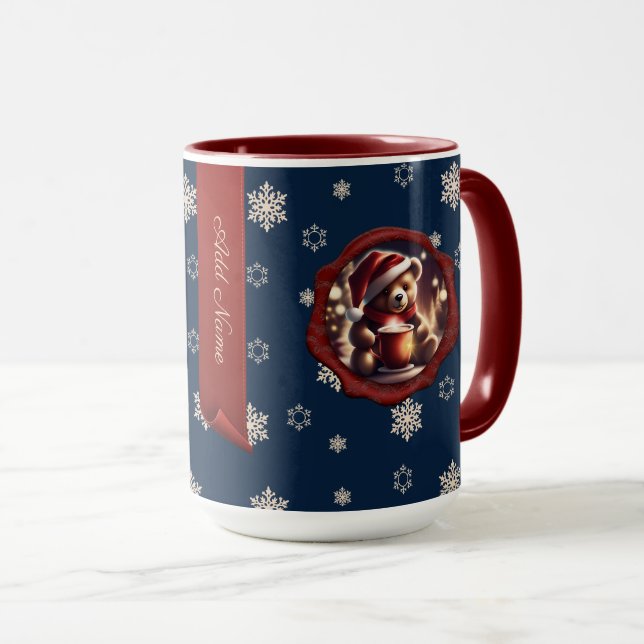 Christmas Teddy HotCocoa Personalised Banner Blue Mug (Front Right)