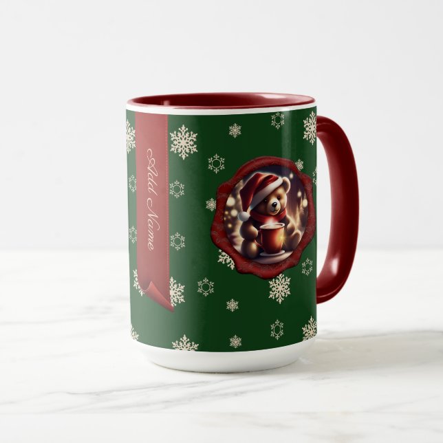 Christmas Teddy HotCocoa Personalised Banner Green Mug (Front Right)