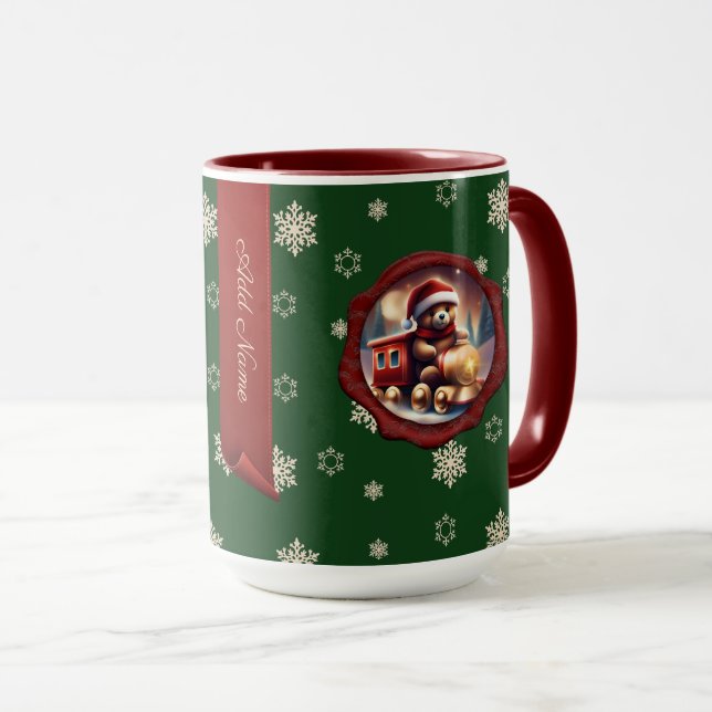 Christmas Teddy Train Personalised Banner Green Mug (Front Right)