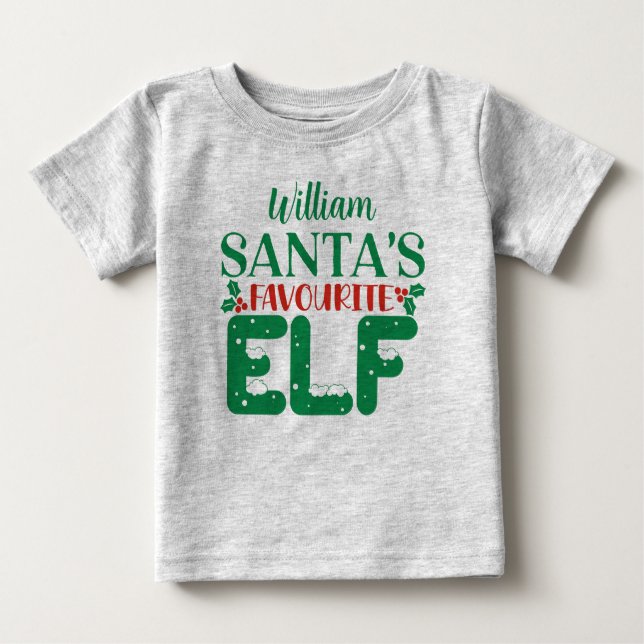 Christmas tee Santa's Favourite Elf. Editable name (Front)