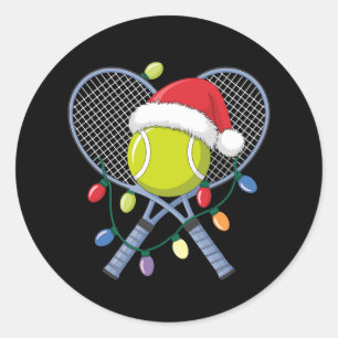 Christmas Tennis Rackets Ball Santa Hat Lights Classic Round Sticker