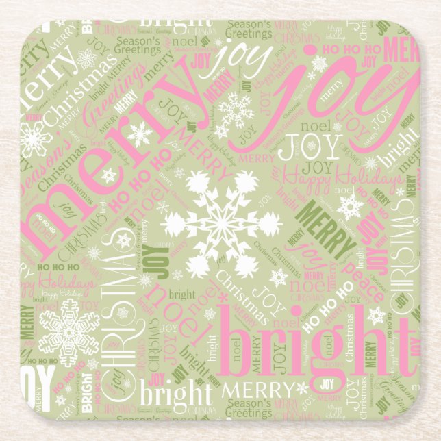 Christmas Text and Snowflake Pattern Pink ID257 Square Paper Coaster (Front)