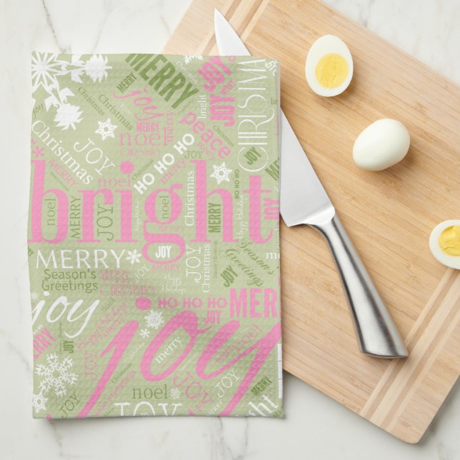 Christmas Text and Snowflake Pattern Pink ID257 Tea Towel (Quarter Fold)