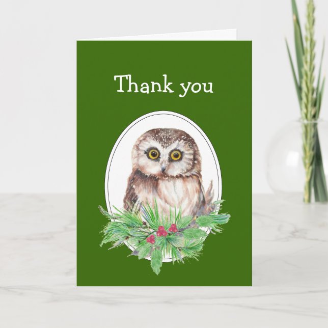 Christmas Thank you Cute Owl Bird Holly Card (Front)