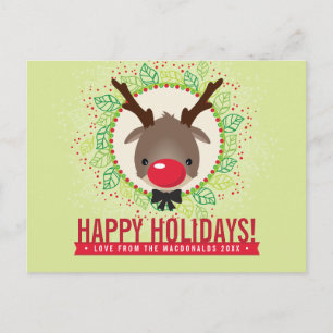 CHRISTMAS THANKS wreath red nose reindeer rudolph Holiday Postcard