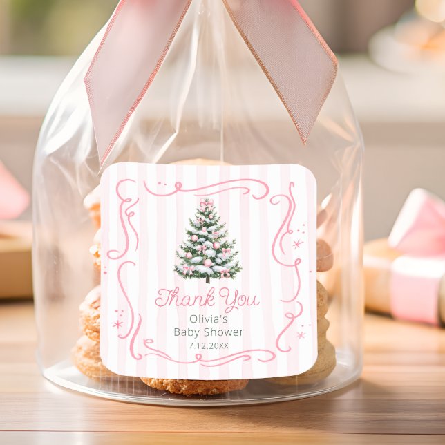 Christmas Thee Pink Winter Baby Shower Thank You Square Sticker (Creator Uploaded)