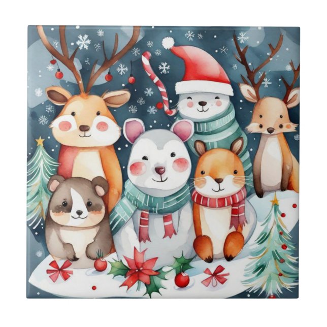 Christmas theme Christmas cute animals  Ceramic Tile (Front)