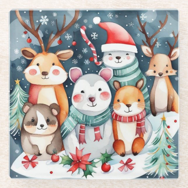 Christmas theme Christmas cute animals  Glass Coaster (Front)
