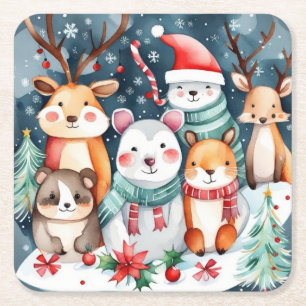 Christmas theme Christmas cute animals Square Paper Coaster