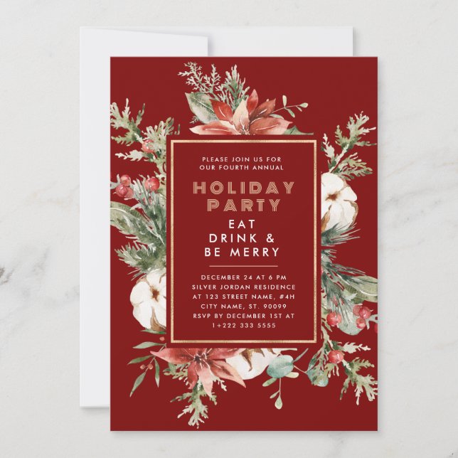 Christmas Theme Floral Frame Holiday Party Invitation (Front)