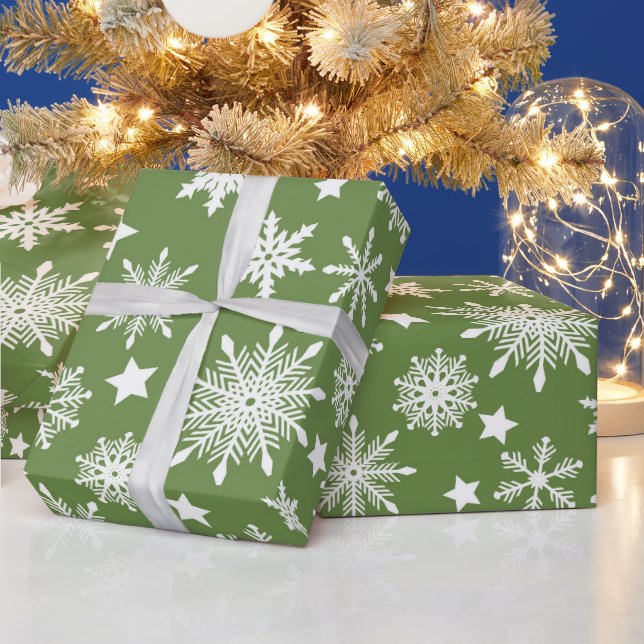 Christmas Theme Green White Snowflakes Pattern Wrapping Paper (Holidays)