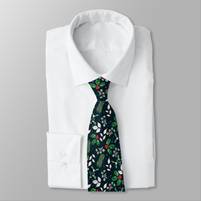 Christmas Theme Holly, Mistletoe, Red Berries Tie (Tied)