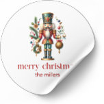 Christmas Theme Nutcracker Classic Round Sticker<br><div class="desc">This festive Christmas-themed design features a beautiful Nutcracker and a Merry Christmas red retro typography on a white background
Personalizable family name. Reversed colours are available.</div>