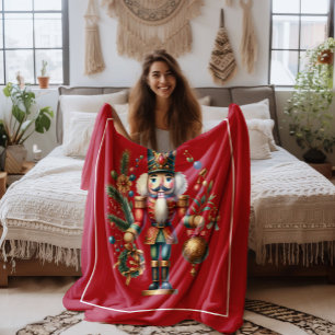Christmas Theme Nutcracker On Red Fleece Blanket