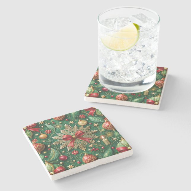 Christmas Theme Pattern Gold Snowflake Stone Coaster (Side)