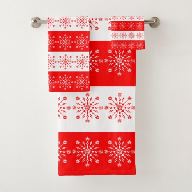 Christmas Theme Red White Stripes Snowflakes Bath Towel Set (Insitu)