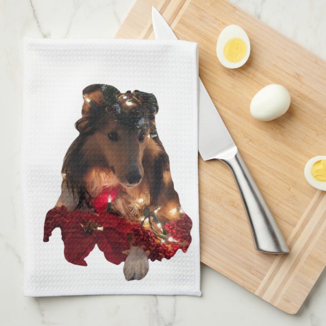 Christmas Theme Sheltie Tea Towel (Quarter Fold)
