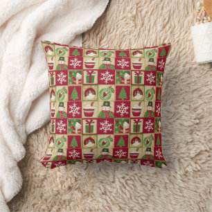 Christmas Theme Snowman Snowflakes Red Green Cushion