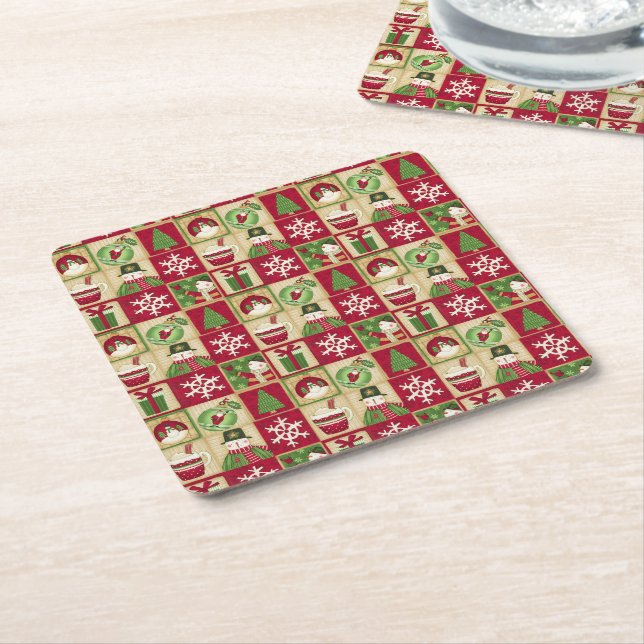 Christmas Theme Snowman Snowflakes Red Green Gold  Square Paper Coaster (Angled)