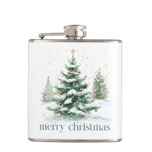 Christmas Theme Snowy Tree Retro Typography Hip Flask