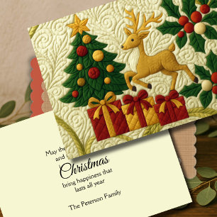 Christmas Theme Tree Reindeer Gifts Quilted Look Holiday Card