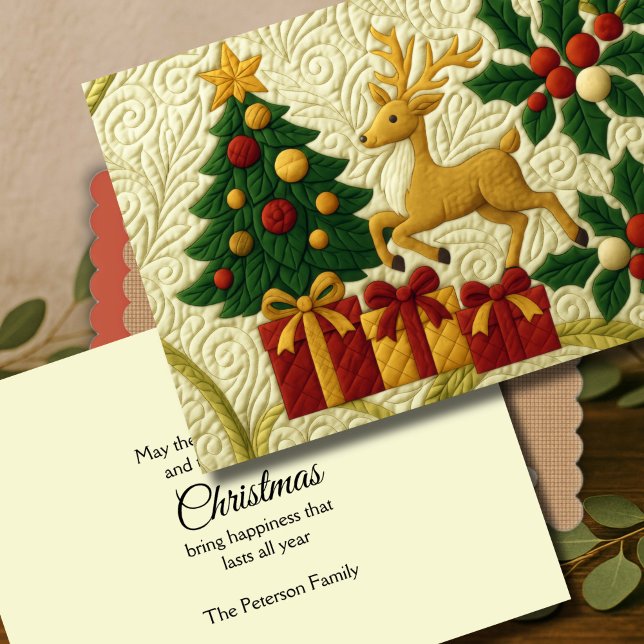 Christmas Theme Tree Reindeer Gifts Quilted Look Holiday Card (Creator Uploaded)