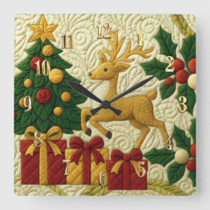 Christmas Theme Tree Reindeer Gifts Quilted Look Square Wall Clock