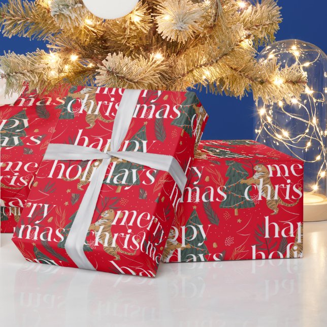 Christmas Theme Trees & Tigers White Typography Wrapping Paper (Holidays)