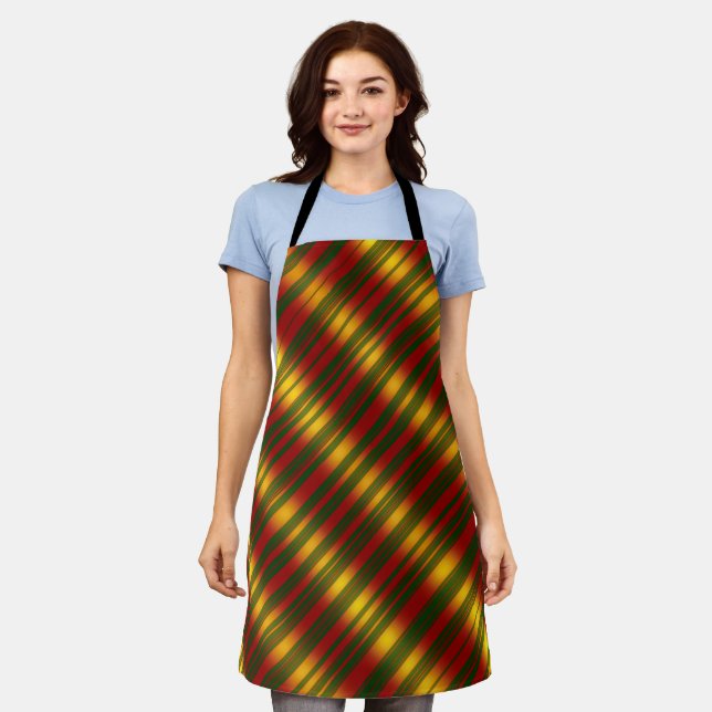 Christmas Theme  Wavy Pattern Gold & Red & Green, Apron (Worn)