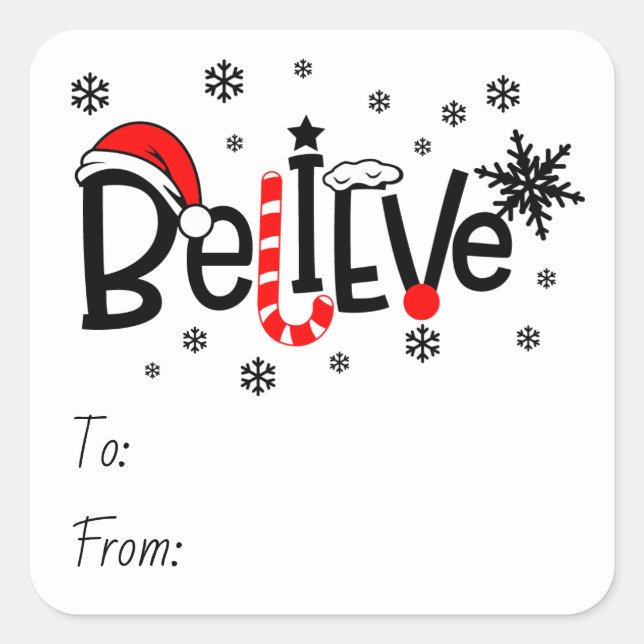Christmas Themed Believe Text With Snowflakes Square Sticker (Front)