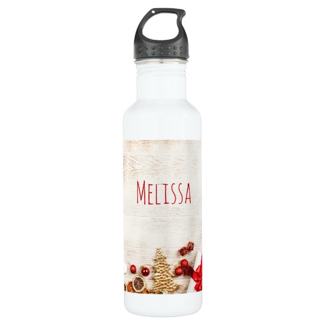 Christmas Themed Items on a Rustic Wooden Board 710 Ml Water Bottle (Front)