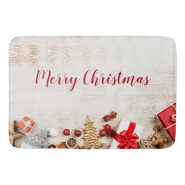 Christmas Themed Items on a Rustic Wooden Board Bath Mat (Front)