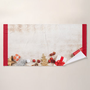 Christmas Themed Items on a Rustic Wooden Board Bath Towel Set