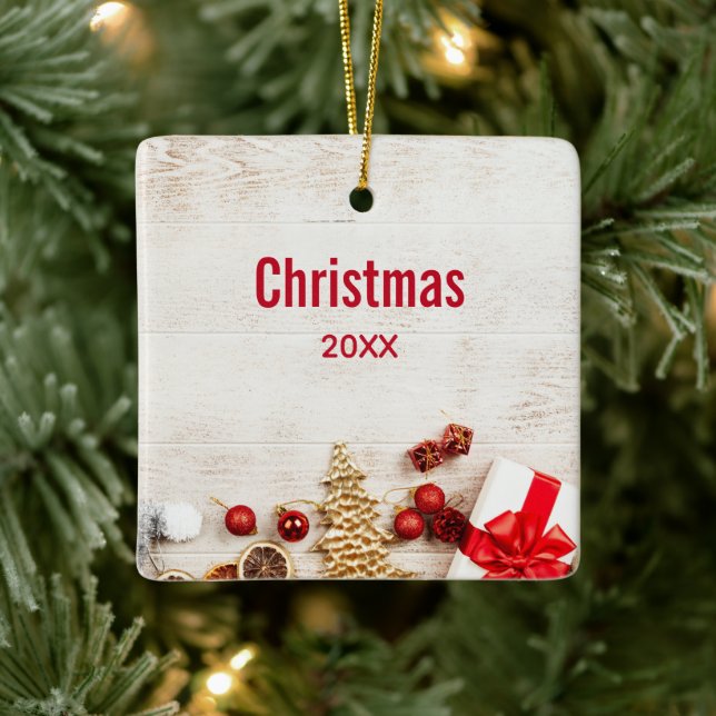Christmas Themed Items on a Rustic Wooden Board Ceramic Ornament (Tree)