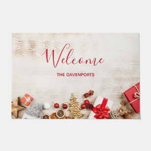 Christmas Themed Items on a Rustic Wooden Board Doormat
