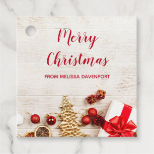  Christmas Themed Items on a Rustic Wooden Board Favour Tags