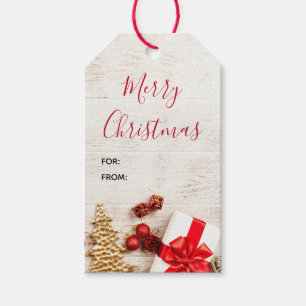 Christmas Themed Items on a Rustic Wooden Board Gift Tags