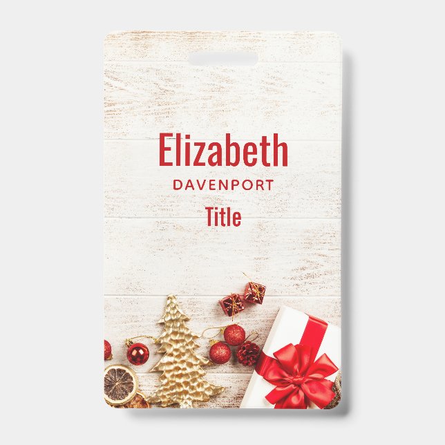 Christmas Themed Items on a Rustic Wooden Board ID Badge (Front)