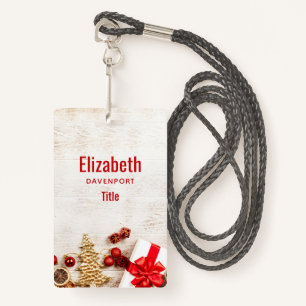 Christmas Themed Items on a Rustic Wooden Board ID Badge