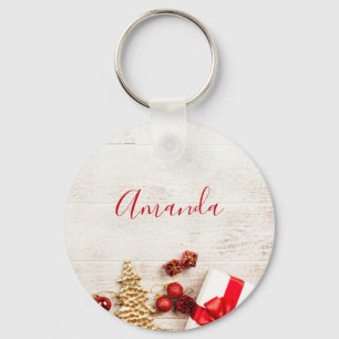 Christmas Themed Items on a Rustic Wooden Board Key Ring