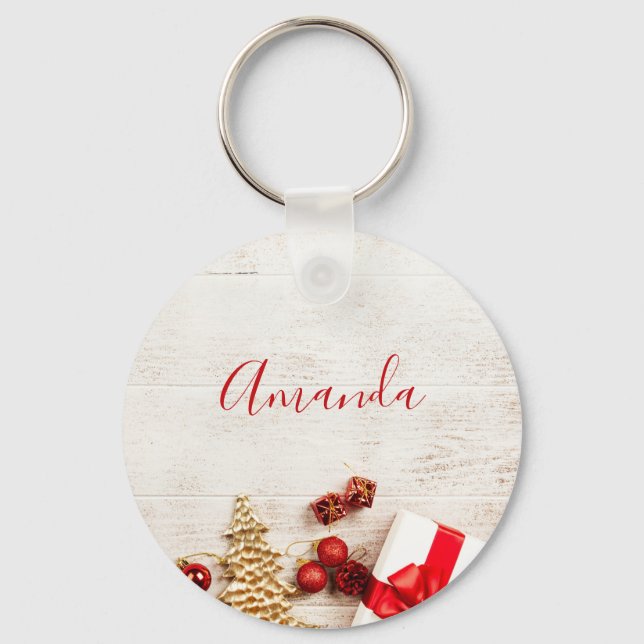 Christmas Themed Items on a Rustic Wooden Board Key Ring (Front)
