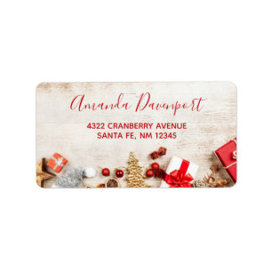 Christmas Themed Items on a Rustic Wooden Board Label