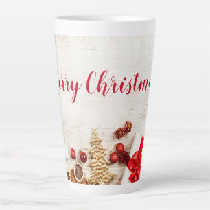 Christmas Themed Items on a Rustic Wooden Board Latte Mug