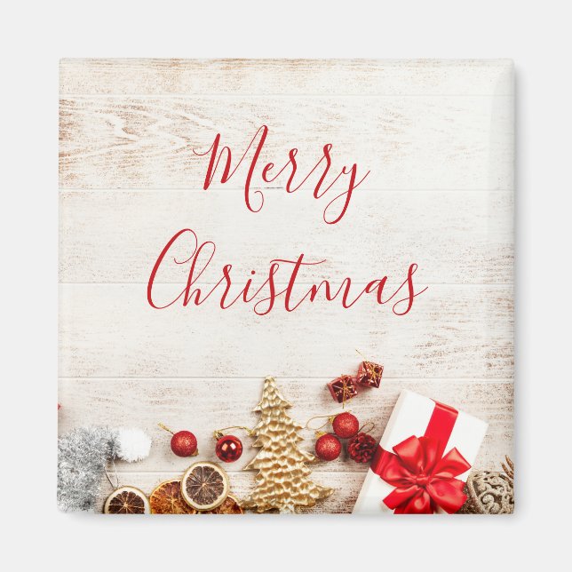 Christmas Themed Items on a Rustic Wooden Board Magnet (Front)