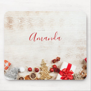 Christmas Themed Items on a Rustic Wooden Board Mouse Pad